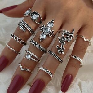 **NYALA* 13-Pc Silver Feather Design Fashion Ring Set